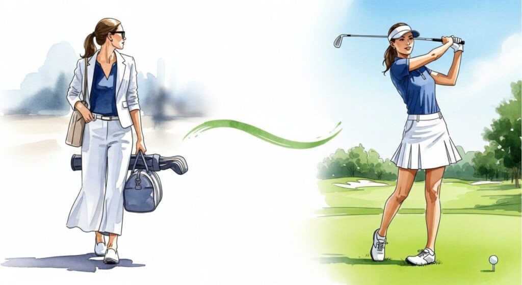 行き帰りゴルフ場服装女性画像