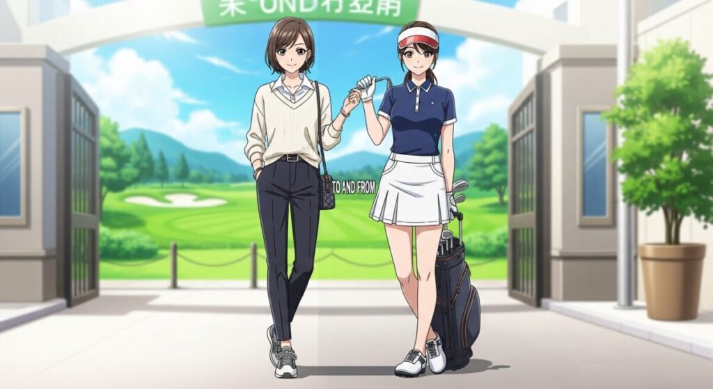 行き帰りゴルフ場服装女性画像