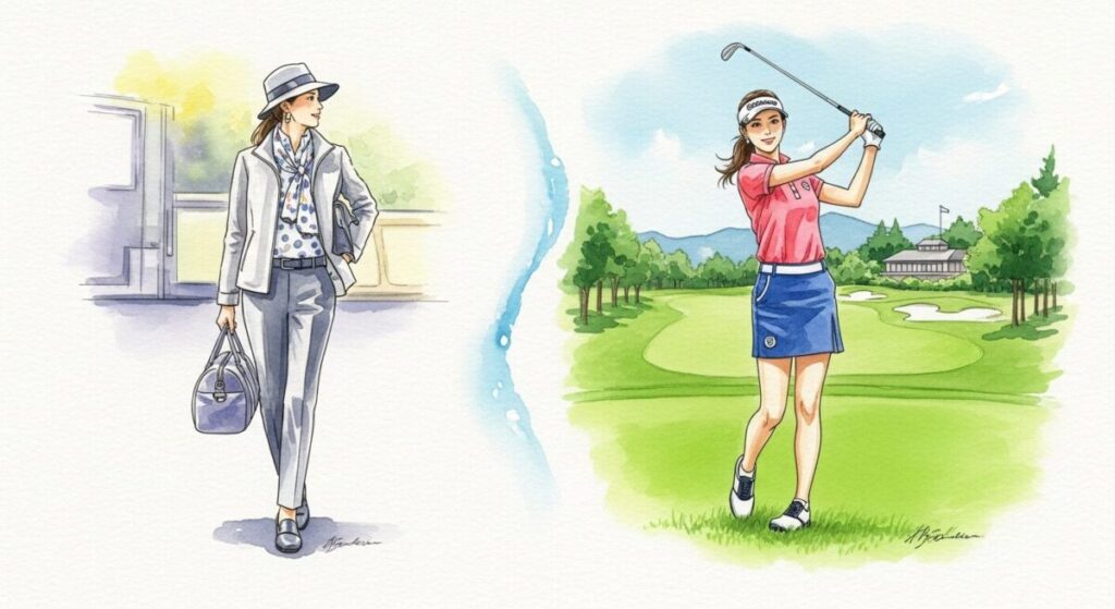 行き帰りゴルフ場服装女性画像