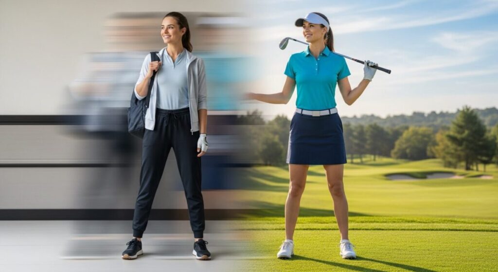 行き帰りゴルフ場服装女性画像