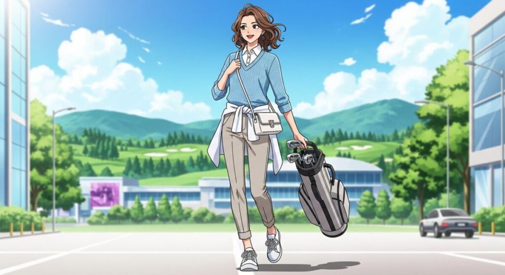 行き帰りゴルフ場服装女性画像