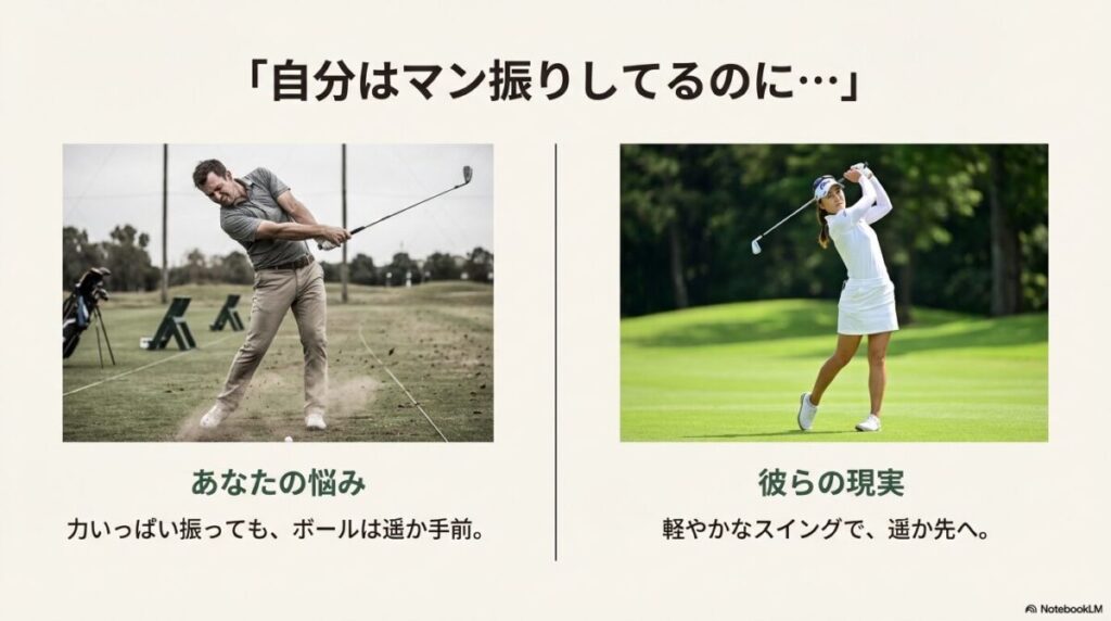 力んで振っても飛ばないアマチュアと、軽やかに振って飛ばすプロのスイングの対比図。