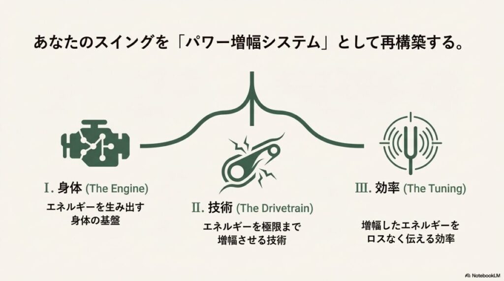 身体をエンジン、技術を駆動系、効率をチューニングに見立てた、スイングシステムの全体像。