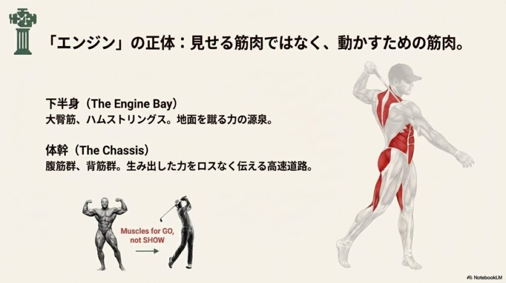 ボディビル用の見せる筋肉ではなく、ゴルフのスイング（下半身・体幹）に必要な動かすための筋肉の解説図。