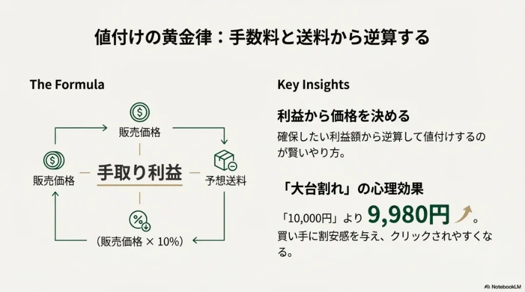 販売価格から手数料10%と予想送料を引いて利益を算出する計算式と、9,980円のように大台を割る価格設定の心理効果。