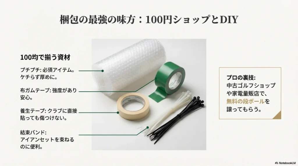 プチプチ、布ガムテープ、養生テープ、結束バンドなどの100円ショップで購入できる便利な梱包アイテム。