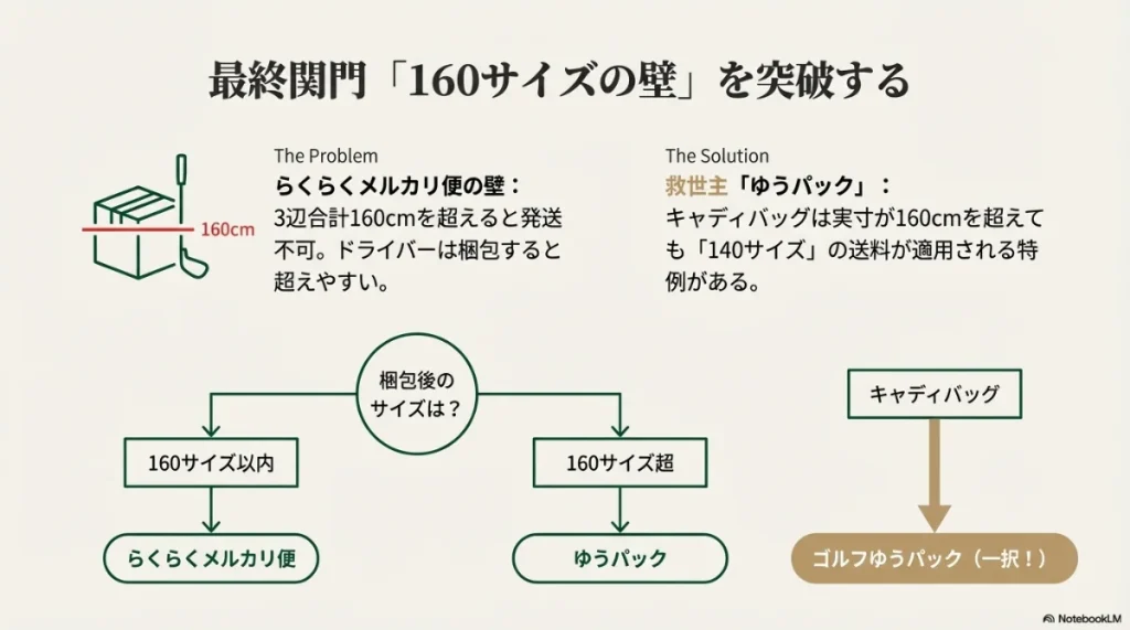 梱包後のサイズが160cm以内なららくらくメルカリ便、超えるならゆうパック、キャディバッグならゴルフゆうパックを選ぶ判断フロー。