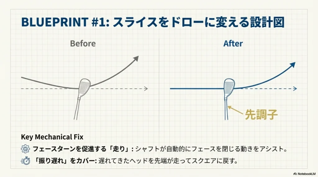 元調子シャフトの先端剛性がフェースの被りを防ぎ、叩きにいける安心感を生む図解 。