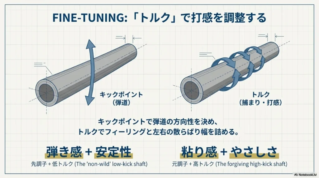 キックポイントで方向性を決め、トルクで打感と散らばりを調整するプロセス図 。