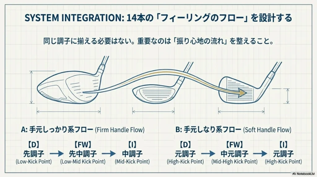 ドライバーからアイアンまで、手元剛性の流れを揃える2つのパターンのセッティング例 。