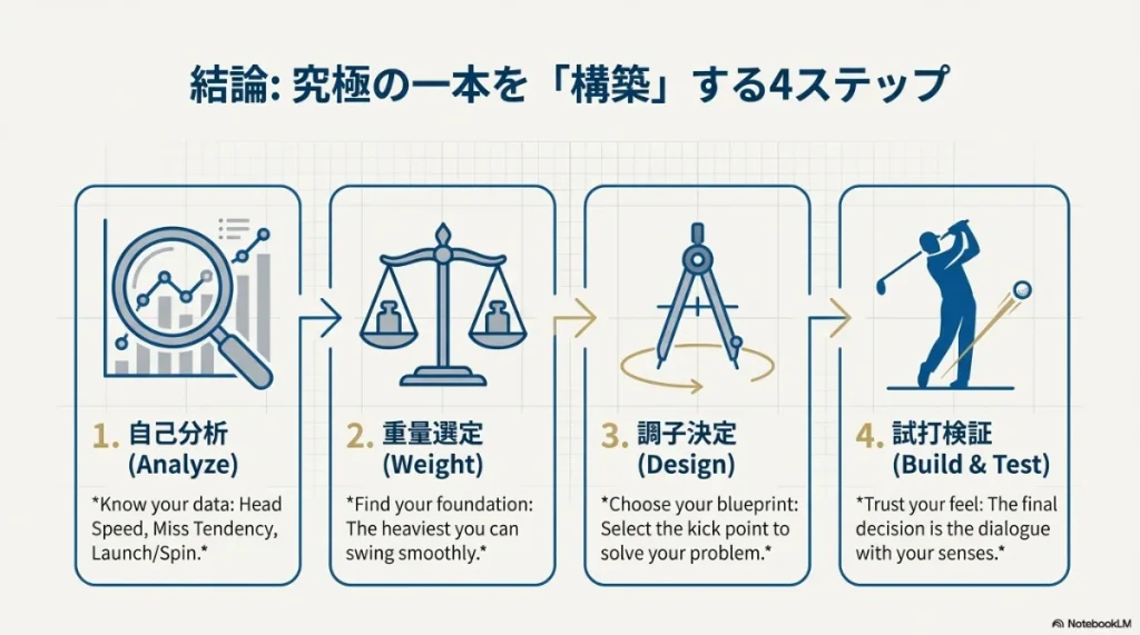 1.自己分析、2.重量選定、3.調子決定、4.試打検証の4段階プロセス 。