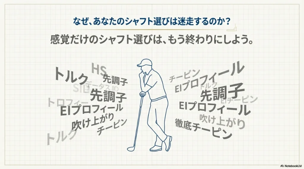 ゴルフクラブを杖のようにして考え込むゴルファーのイラスト。シャフト選びの迷走を表現