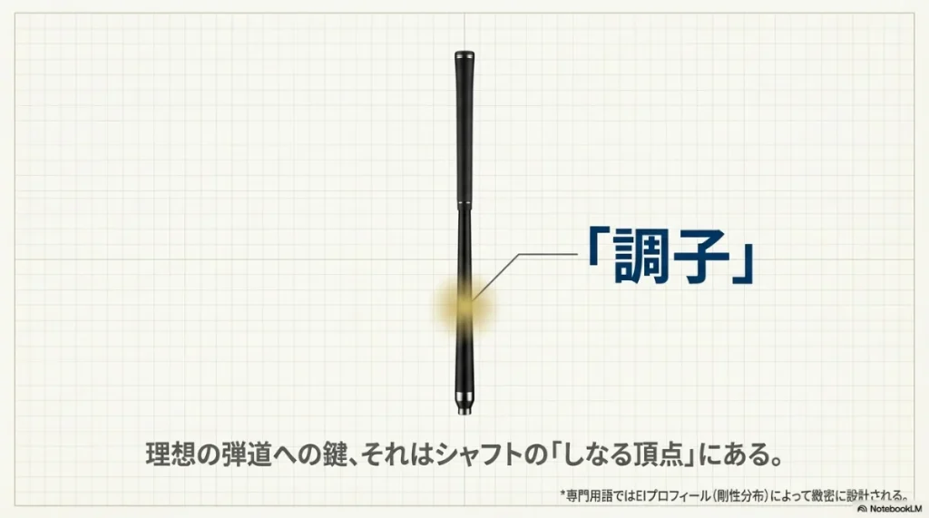 ゴルフシャフトがしなる頂点を指し示す図解。「調子」という文字を強調 。