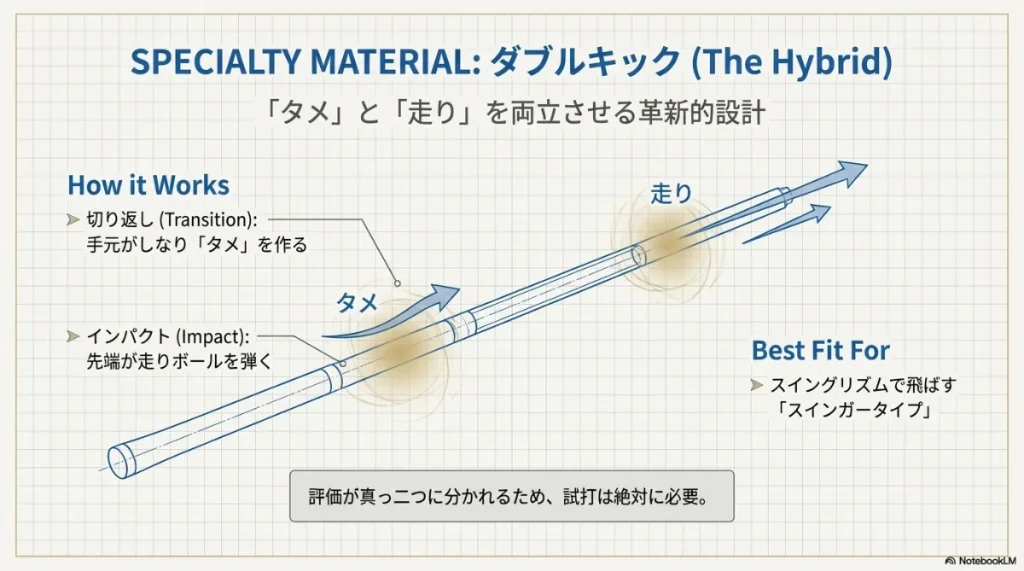 切り返しで手元がしなり、インパクトで先端が走るダブルキックシャフトの構造図