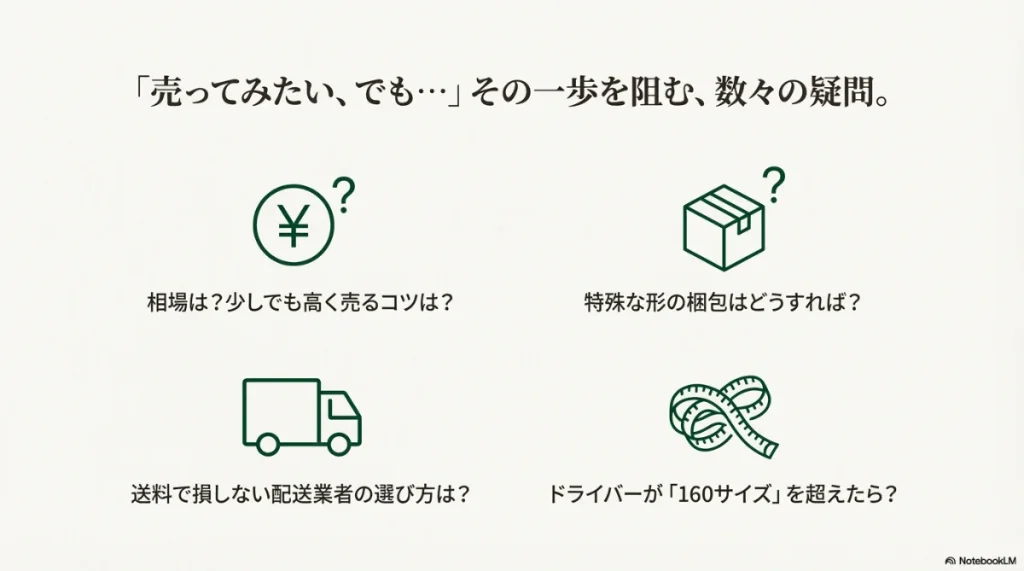 クローゼットに眠るゴルフクラブをガラクタではなくお宝として次の主へ繋ぐ提案と、メルカリ出品における不安(相場、梱包、送料)を列挙したスライド。