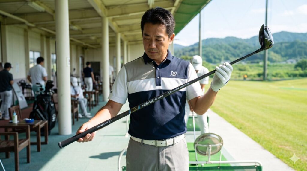 ドライバーを練習場で持ってシャフトを確認している中年男性