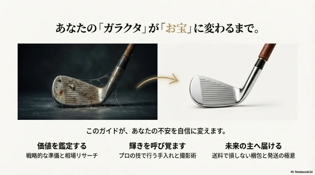 輝きを呼び覚ます手入れ術、価値を鑑定する相場リサーチ、未来の主へ届ける梱包・発送の極意の3ステップを紹介するスライド。