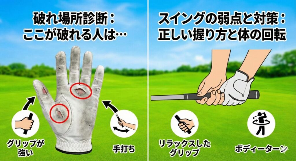 ゴルフグローブが破れる場所で診断！スイングの弱点と対策