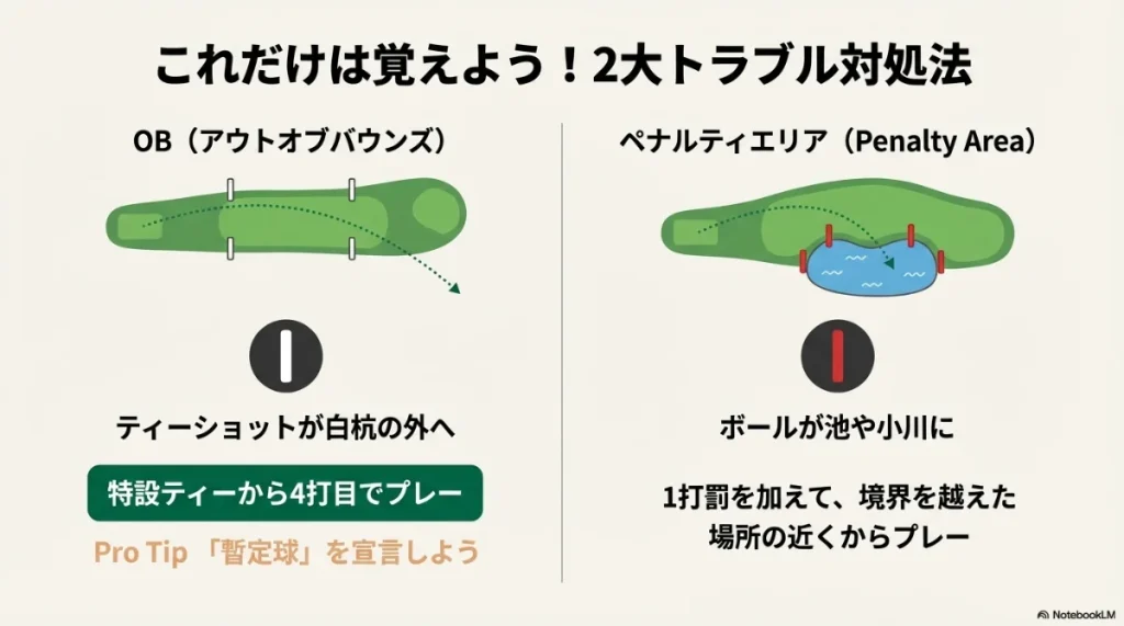 OB（白杭）とペナルティエリア（赤・黄杭）の境界線とペナルティの図解