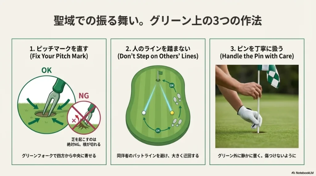 ピッチマークの正しい修復方法、ラインを踏まない、ピンの扱い