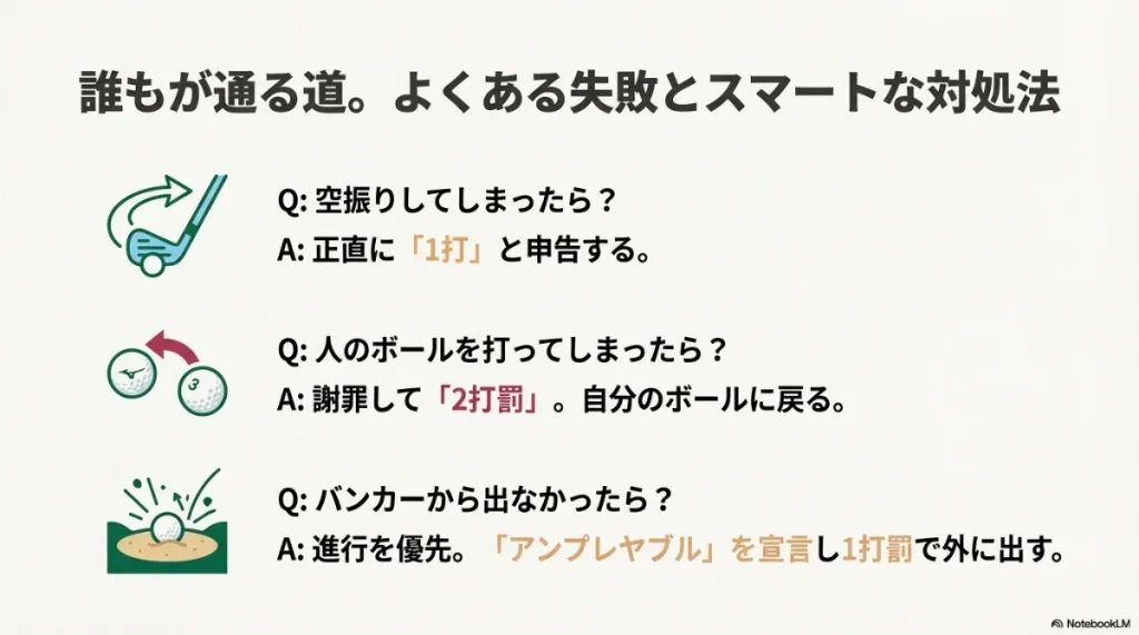 空振り、誤球、バンカーから出ない時の対処法をまとめたQ&A