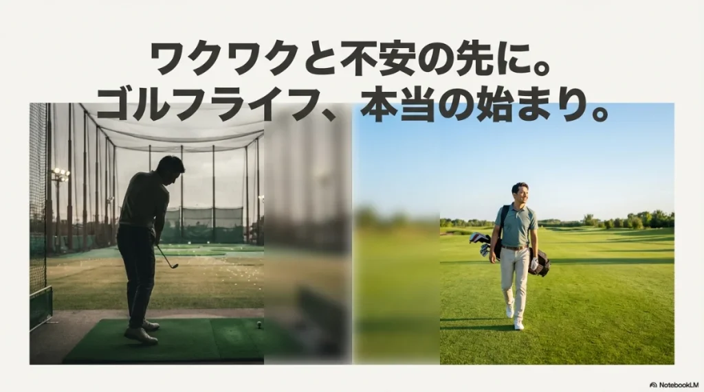 練習場と実際のゴルフコースの風景を比較したイメージ画像