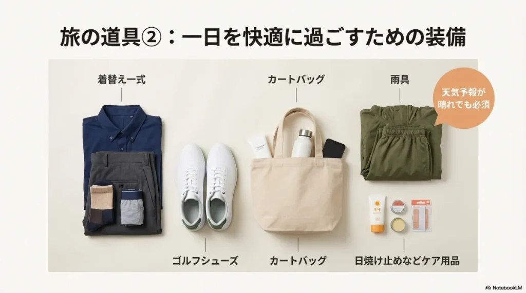 カートバッグ、雨具、日焼け止め、着替えなど快適に過ごすための持ち物