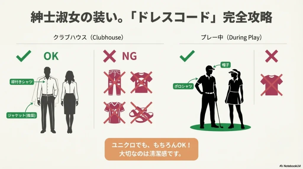 襟付きシャツやジャケット着用など、ゴルフ場のOK・NG服装例のイラスト