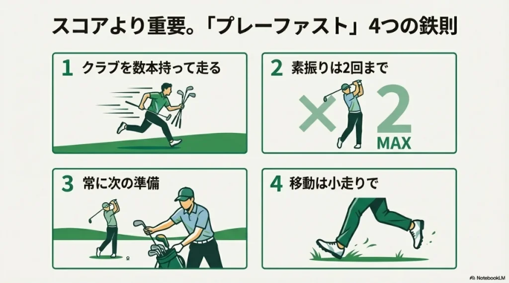クラブを数本持つ、素振りの制限、移動は小走りなどプレー促進のコツ