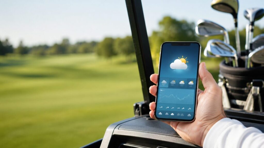 ゴルフ場の天気予報アプリをスマホでチェックするシーン