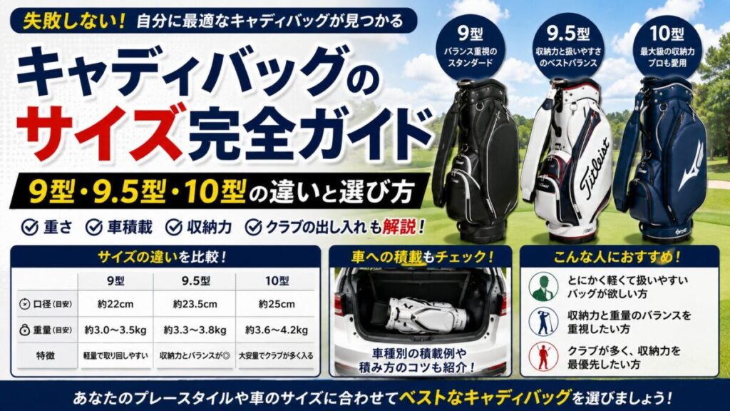 キャディバッグのサイズ完全ガイド｜9型・9.5型・10型の違いと選び方【重さ・車積載も解説】 というタイトルのブログのアイキャッチ画像を横幅1200px×高さ675pxで作成して。