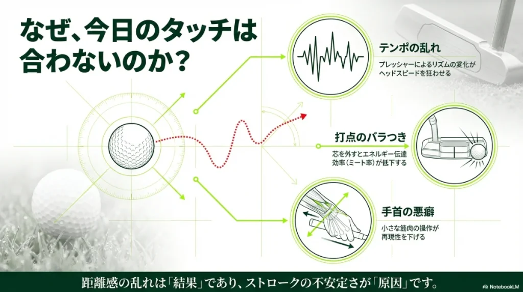 パットの距離感が合わない3大原因：テンポの乱れ・打点のバラつき・手首の悪癖