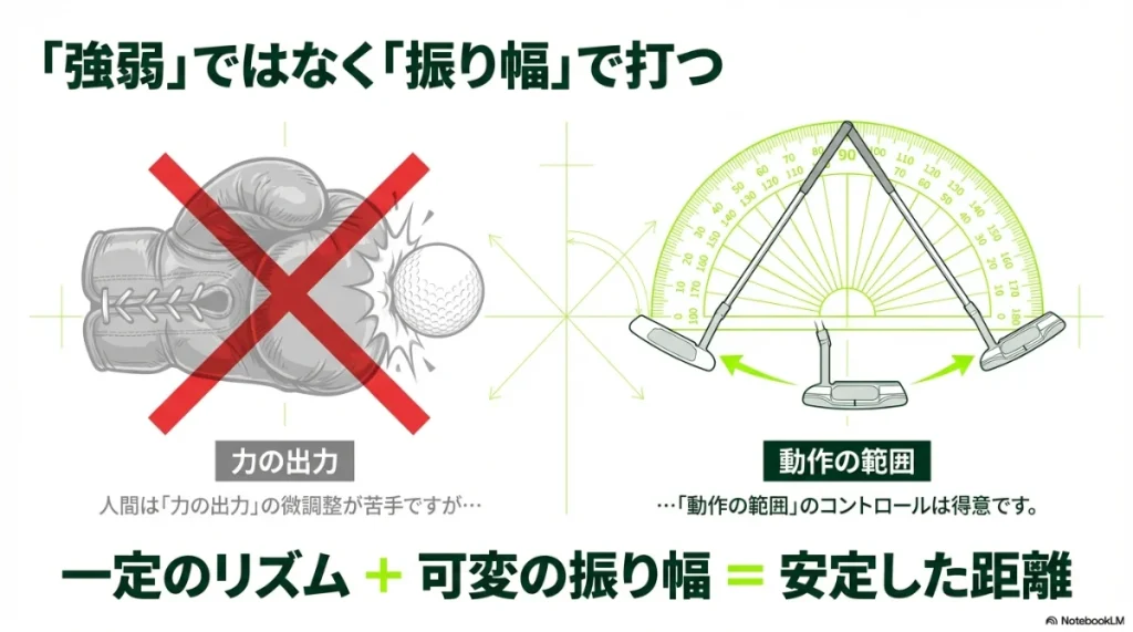 パッティングにおける力の出力調整（NG）と動作の範囲・振り幅によるコントロール（OK）の対比図
