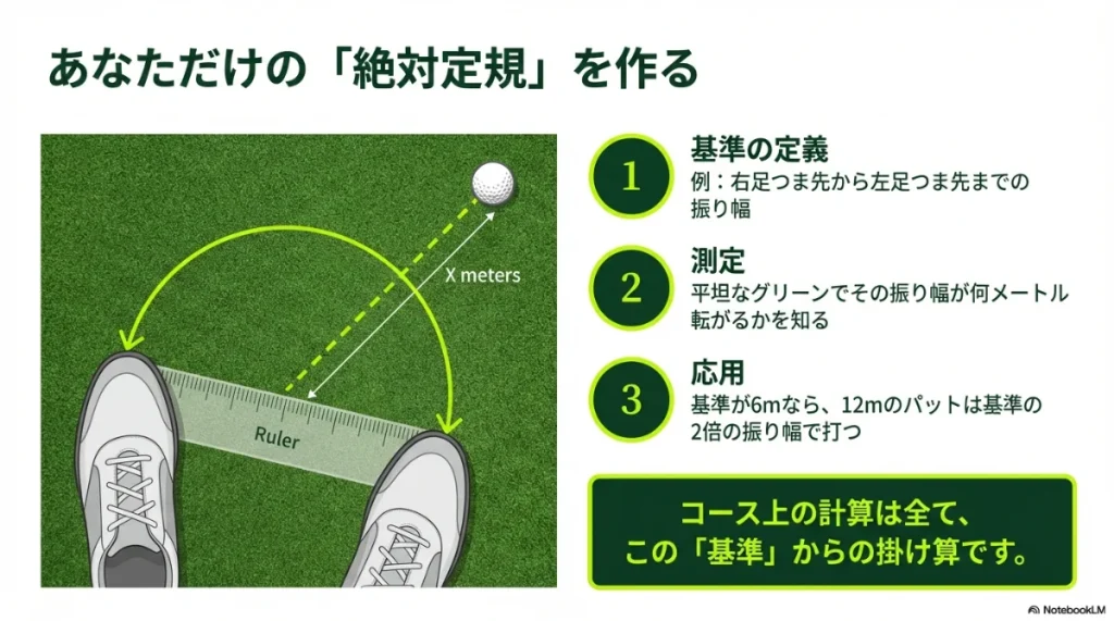 スタンス幅の振り幅を基準（定規）にしてパッティング距離を計算する方法