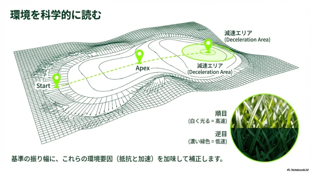 パッティングにおけるグリーンの傾斜（減速エリア・加速エリア）と芝目（順目・逆目）の影響