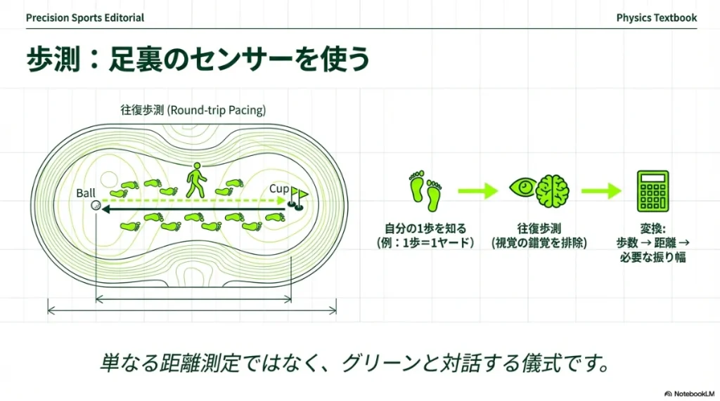 グリーン上の往復歩測で視覚の錯覚を排除し正確な距離を測るイラスト