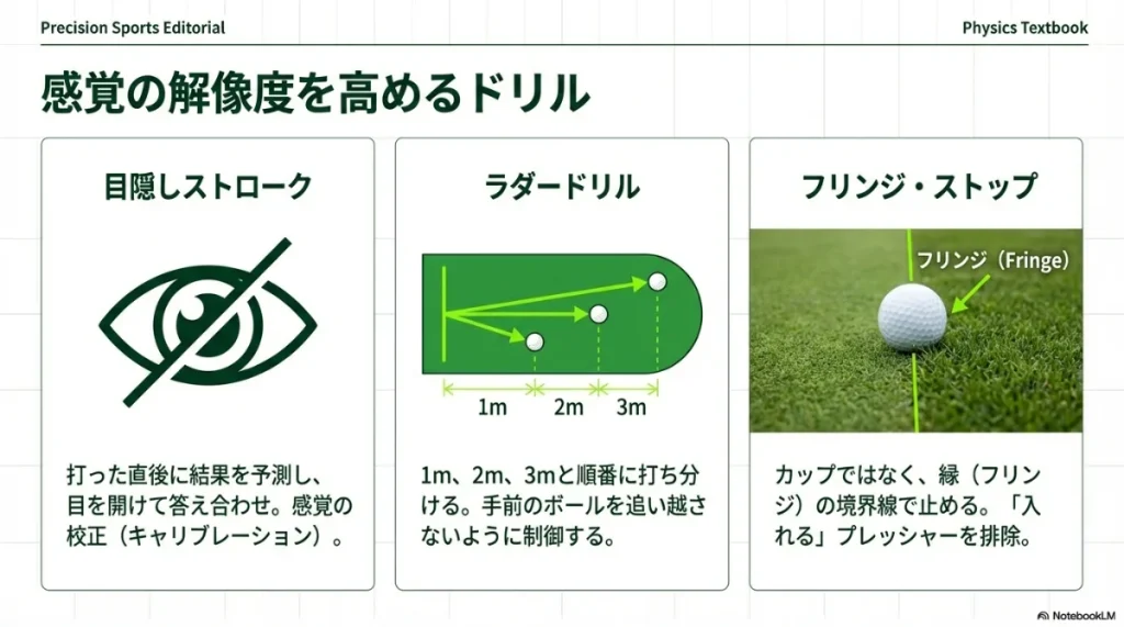 自宅でできるパッティング練習メニュー：目隠しストローク、ラダードリル、フリンジストップ