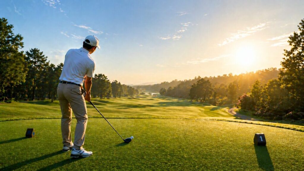 早朝の美しいゴルフコース1番ホールのティーグラウンドに立つ初心者ゴルファー