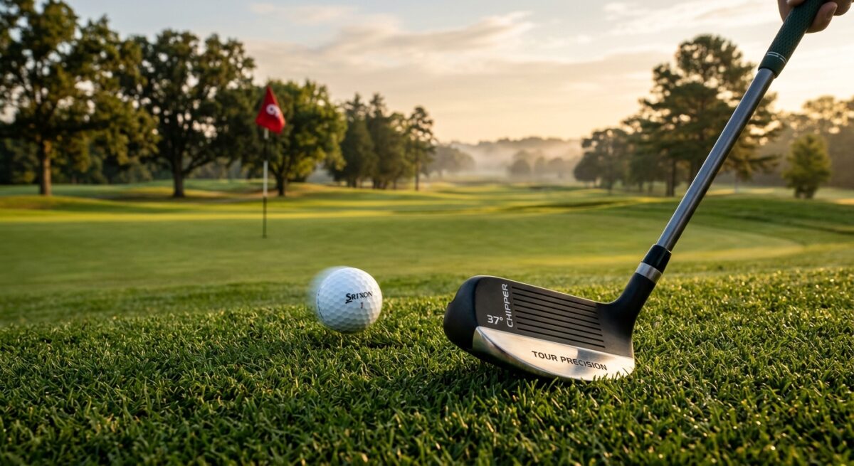 Create a professional editorial photograph focusing on a hybrid golf chipper club positioned on the lush fringe of a manicured golf green. The club features a distinct wide, polished sole and a lofted face, catching the warm, golden light of a late afternoon sun. A golf ball is captured in the foreground, beginning its smooth roll across the short-cropped grass toward a distant hole. The background shows a soft-focus view of a high-end golf course with rolling fairways and morning mist. The composition is a low-angle, close-up shot that emphasizes the club's specialized design and the texture of the grass, conveying a sense of precision and confidence in the short game. High detail, shallow depth of field, and natural, vibrant colors.