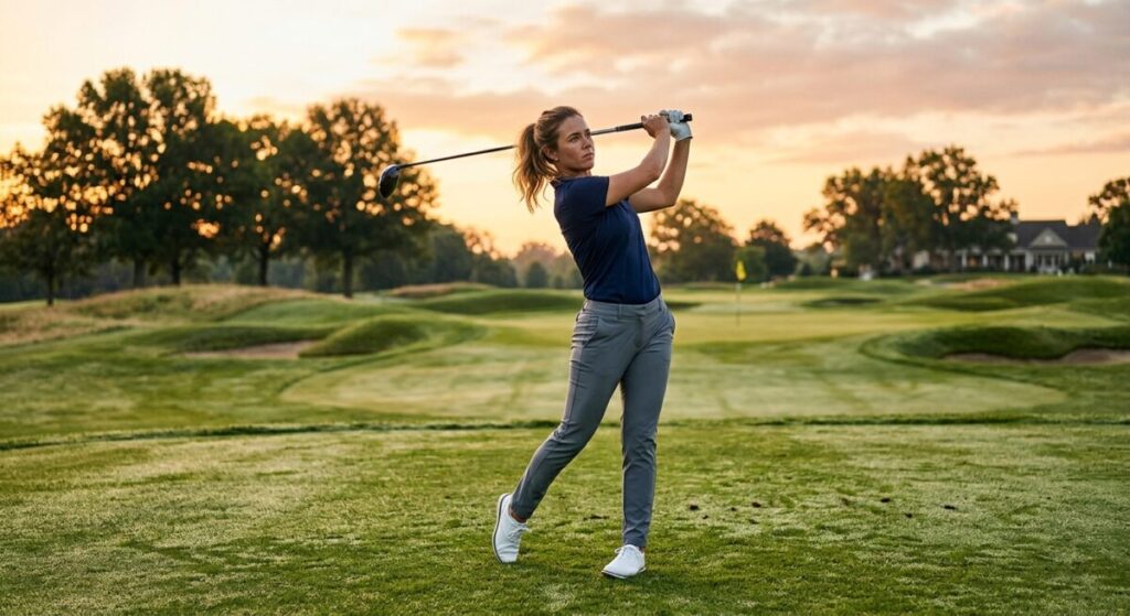 A high-quality editorial photograph of a golfer performing a dynamic warm-up stretch on a pristine golf course during the golden hour of sunrise. The golfer, dressed in modern athletic golf attire, is shown in a mid-rotation stretch, holding a golf club horizontally across their shoulders to emphasize the flexibility of the torso and shoulder blades. The morning sun casts a warm, soft glow across the scene, highlighting the dew on the vibrant green grass and the focused expression of the athlete. The background features a soft-focus view of rolling fairways and a few distant trees, creating a shallow depth of field that draws all attention to the form and movement of the body. The image captures a sense of preparation, physical health, and the quiet energy of a morning round.
