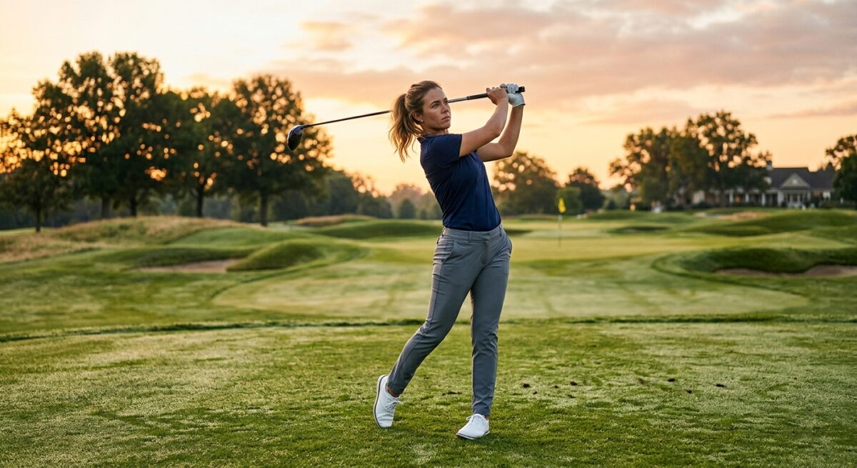 A high-quality editorial photograph of a golfer performing a dynamic warm-up stretch on a pristine golf course during the golden hour of sunrise. The golfer, dressed in modern athletic golf attire, is shown in a mid-rotation stretch, holding a golf club horizontally across their shoulders to emphasize the flexibility of the torso and shoulder blades. The morning sun casts a warm, soft glow across the scene, highlighting the dew on the vibrant green grass and the focused expression of the athlete. The background features a soft-focus view of rolling fairways and a few distant trees, creating a shallow depth of field that draws all attention to the form and movement of the body. The image captures a sense of preparation, physical health, and the quiet energy of a morning round.