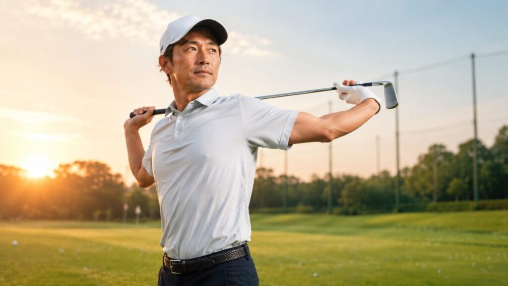 A wide cinematic photograph of a fit Japanese male golfer in his 40s wearing a clean modern golf polo and cap
