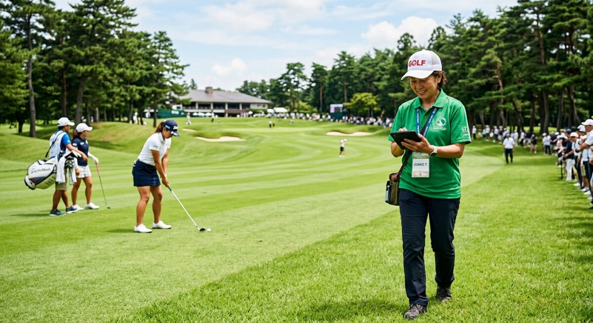 An editorial photograph capturing a golf tournament volunteer serving as a scorer on a sunlit, prestigious Japanese golf course. The volunteer, dressed in a vibrant green polo shirt and a white mesh cap, walks along the lush fairway, looking intently at a handheld digital scoring device. In the mid-ground, professional female golfers in athletic attire are focused on their game, with one player preparing a shot. The setting features a beautifully manicured course with rolling hills and distant pine trees under a bright summer sun. The atmosphere is professional and immersive, with the vibrant green of the grass and the clear sky creating a high-contrast, high-quality sports documentary aesthetic.
