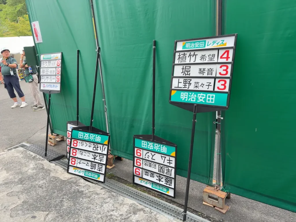 明治安田レディス会場に並ぶ選手組み合わせ案内板