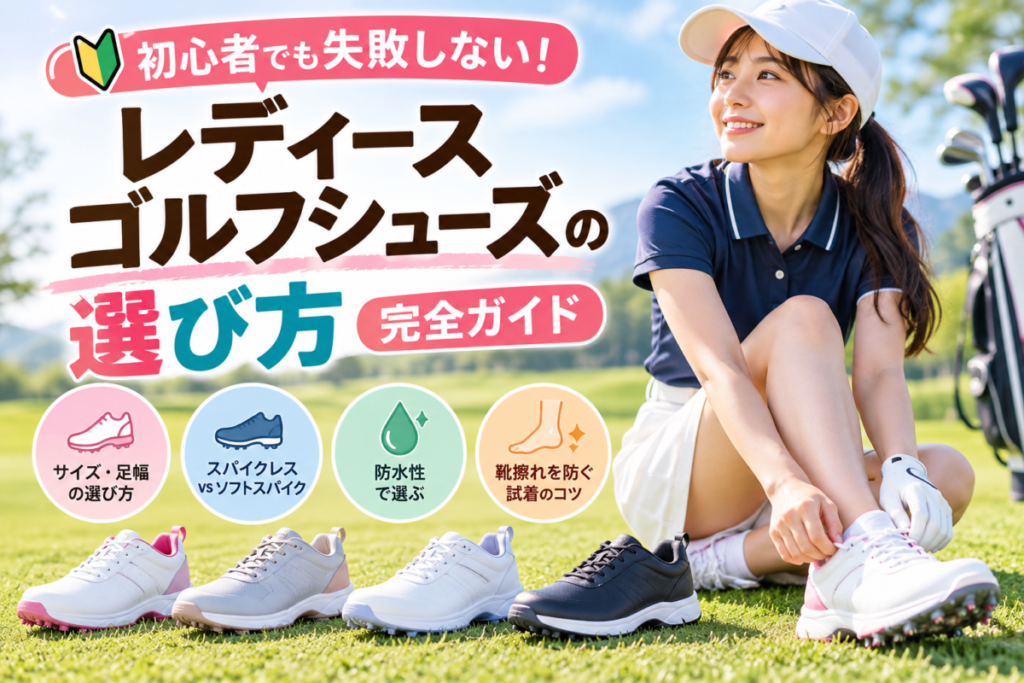 レディースゴルフシューズの選び方を解説するアイキャッチ画像。ゴルフ場で靴を履く女性と、サイズ・足幅・防水性・靴擦れ対策のポイント